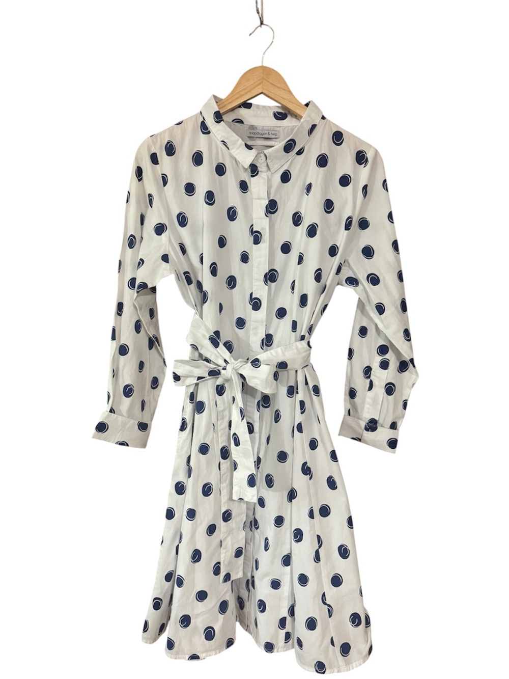 SNAPDRAGON & TWIG Shirt Dress Pockets Tie White & Navy Polka Dot Size Medium